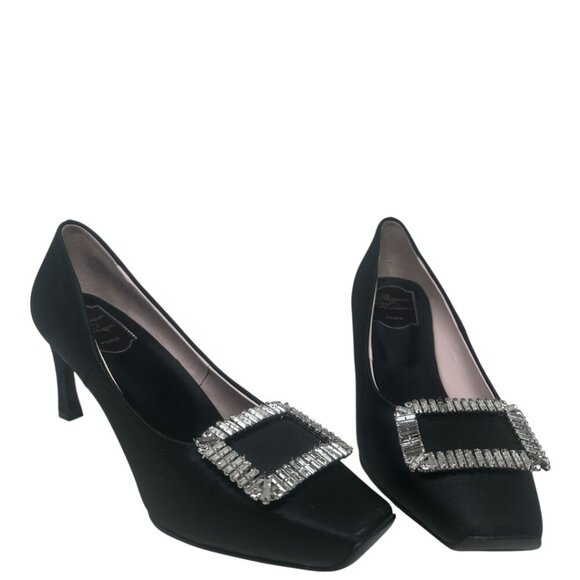 Roger Vivier Trompette Crystal Buckle Squared Toe Black Satin 70mm Pumps Size 11 - Picture 2 of 16